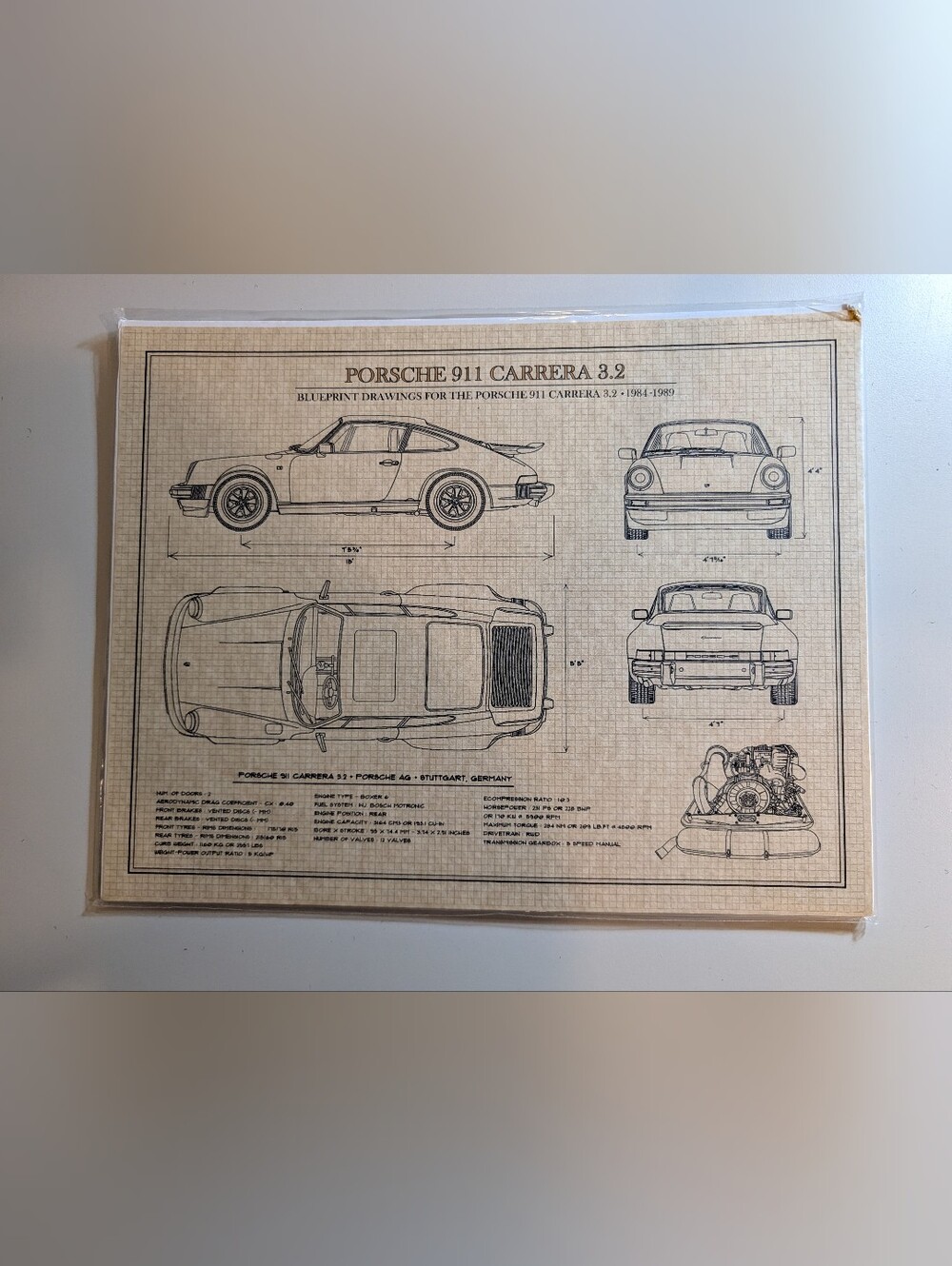 Porsche 911 Carrera 3.2 Blueprint Art Print — Black on Cream